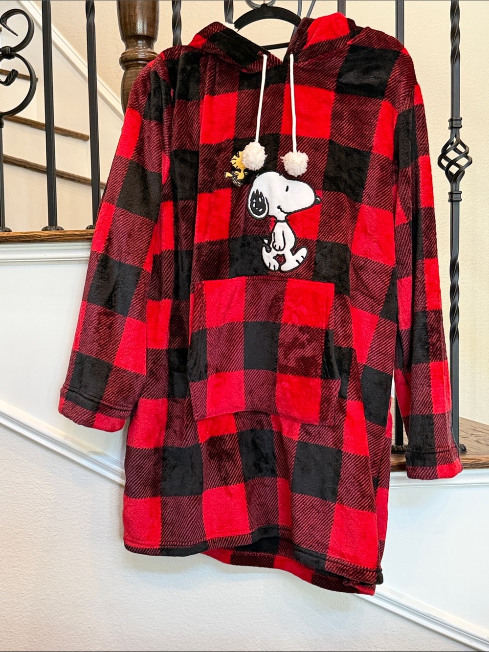 Peanuts Red and Black Buffalo Plaid Snoopy Hooded Sweater